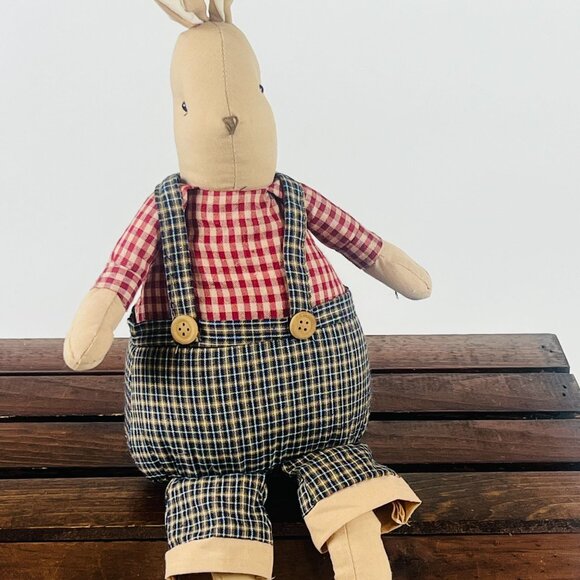 Vintage Style Fabric Bunny Doll With Long Legs & Country Plaid Outfit - Picture 7 of 8